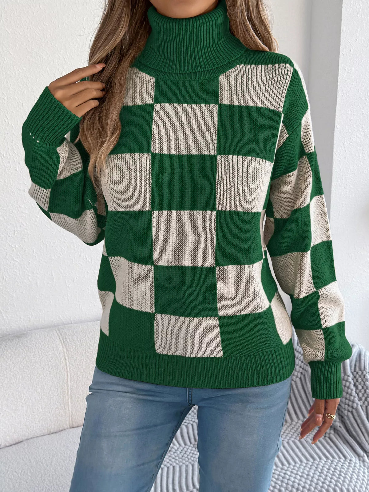 Checkered Turtleneck Long Sleeve Sweater back view