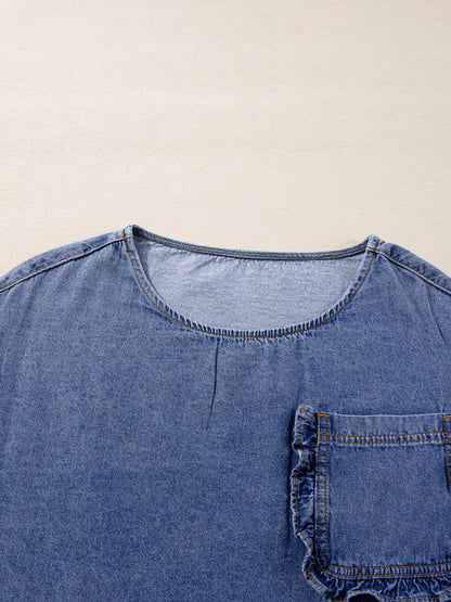 3/4 Sleeve Ruffled Patched Pocket Denim Blouse - Fashorio