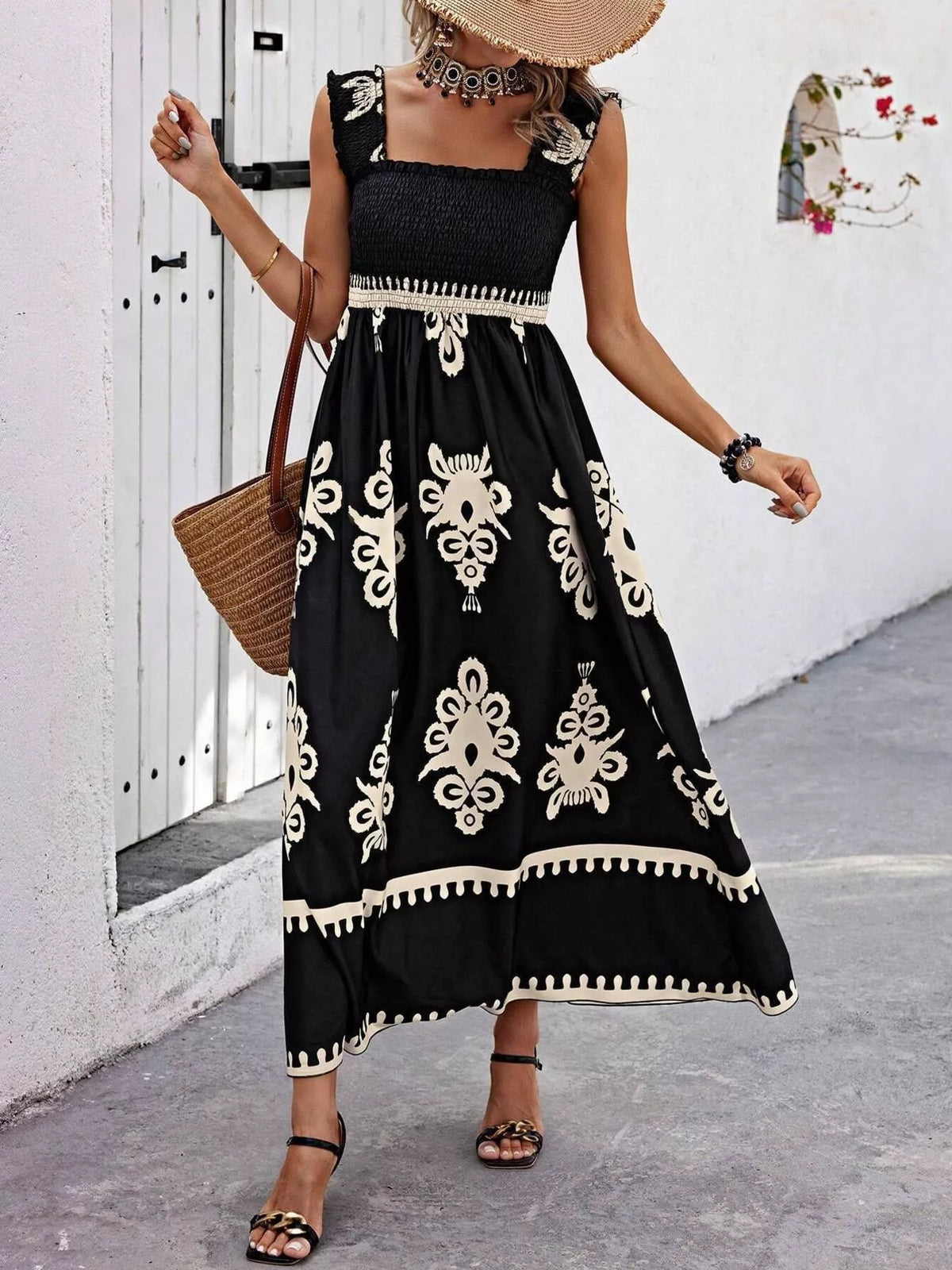 printed square neck smocked maxi dress strap detail