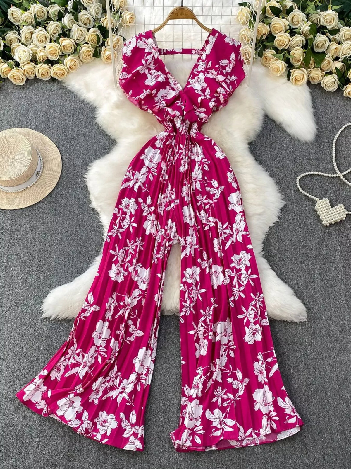 Floral print wide leg pleated jumpsuit side view
