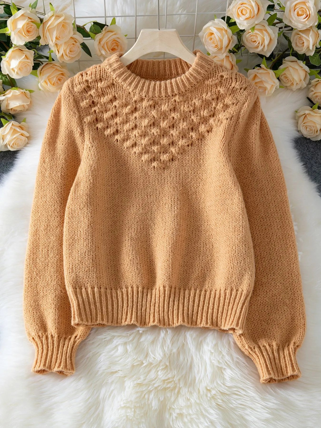Textured Knit Round Neck Long Sleeve Sweater - Fashorio