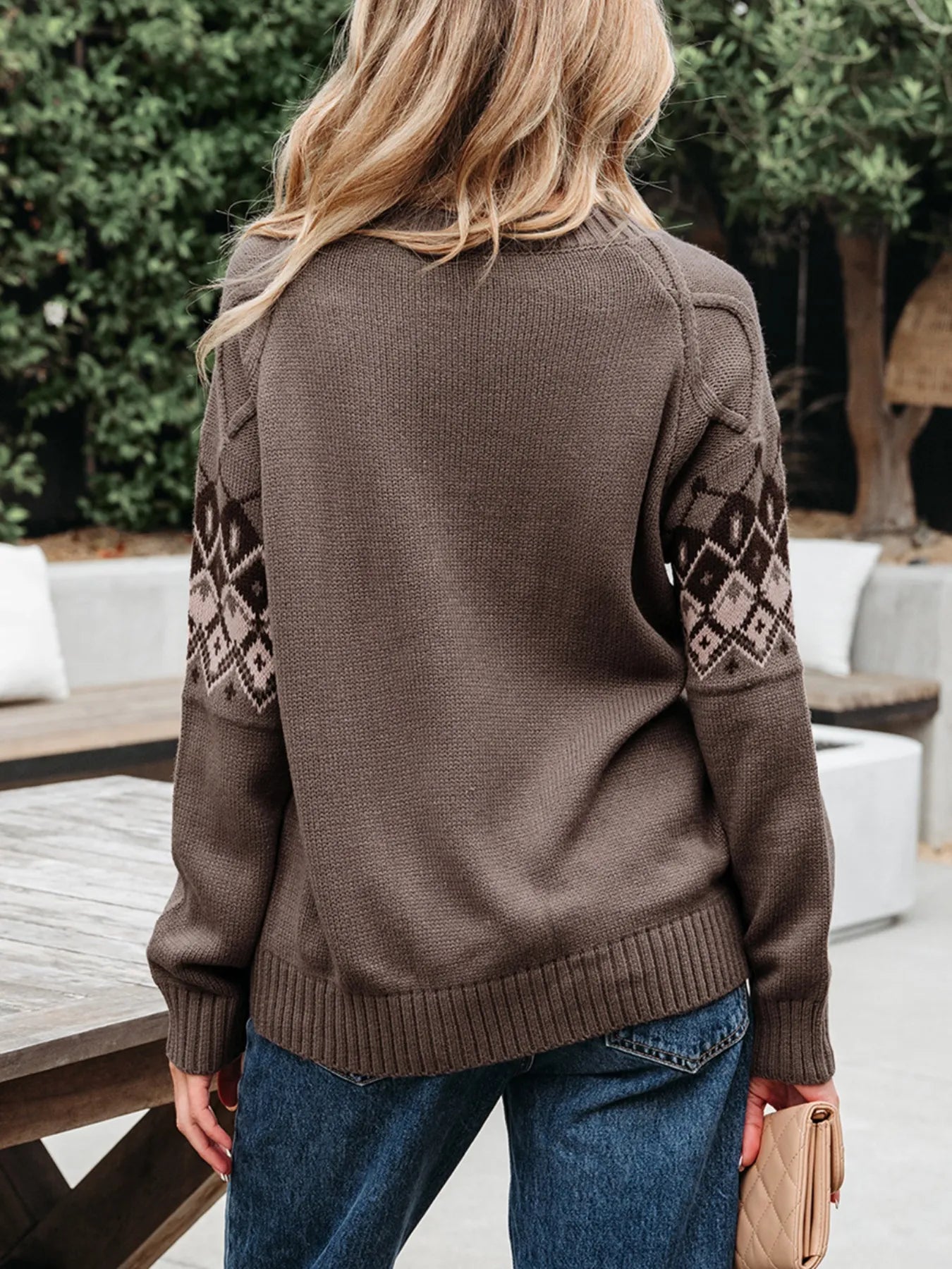 Geometric Round Neck Long Sleeve Sweater - Fashorio