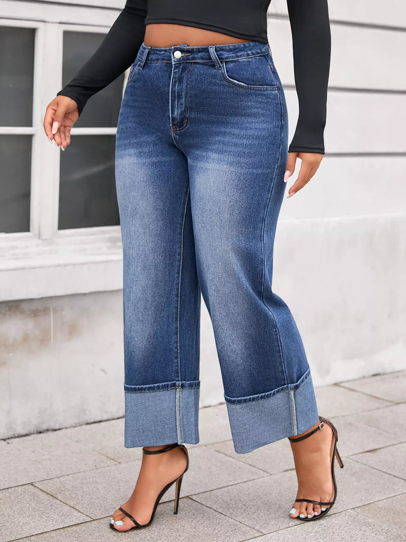 High waist cuffed wide leg jeans front view