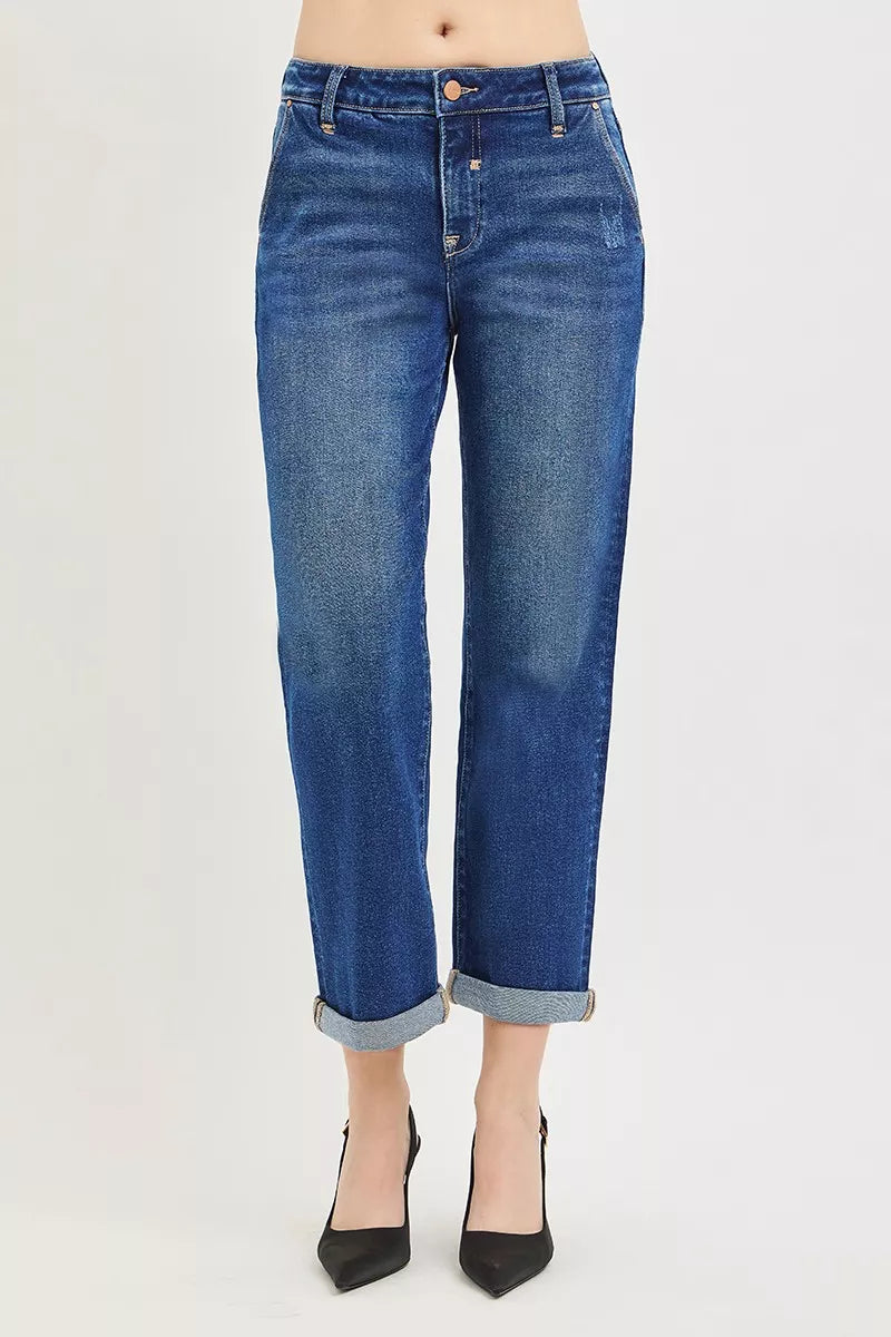 RISEN slouchy cropped boyfriend jeans dark wash front view