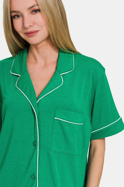 Zenana Button Down Short Sleeve Top and Shorts Lounge Set - Fashorio