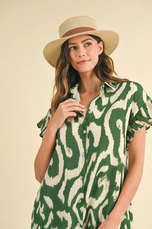 Abstract Printed Frill Sleeve Shirt Mini Dress detail