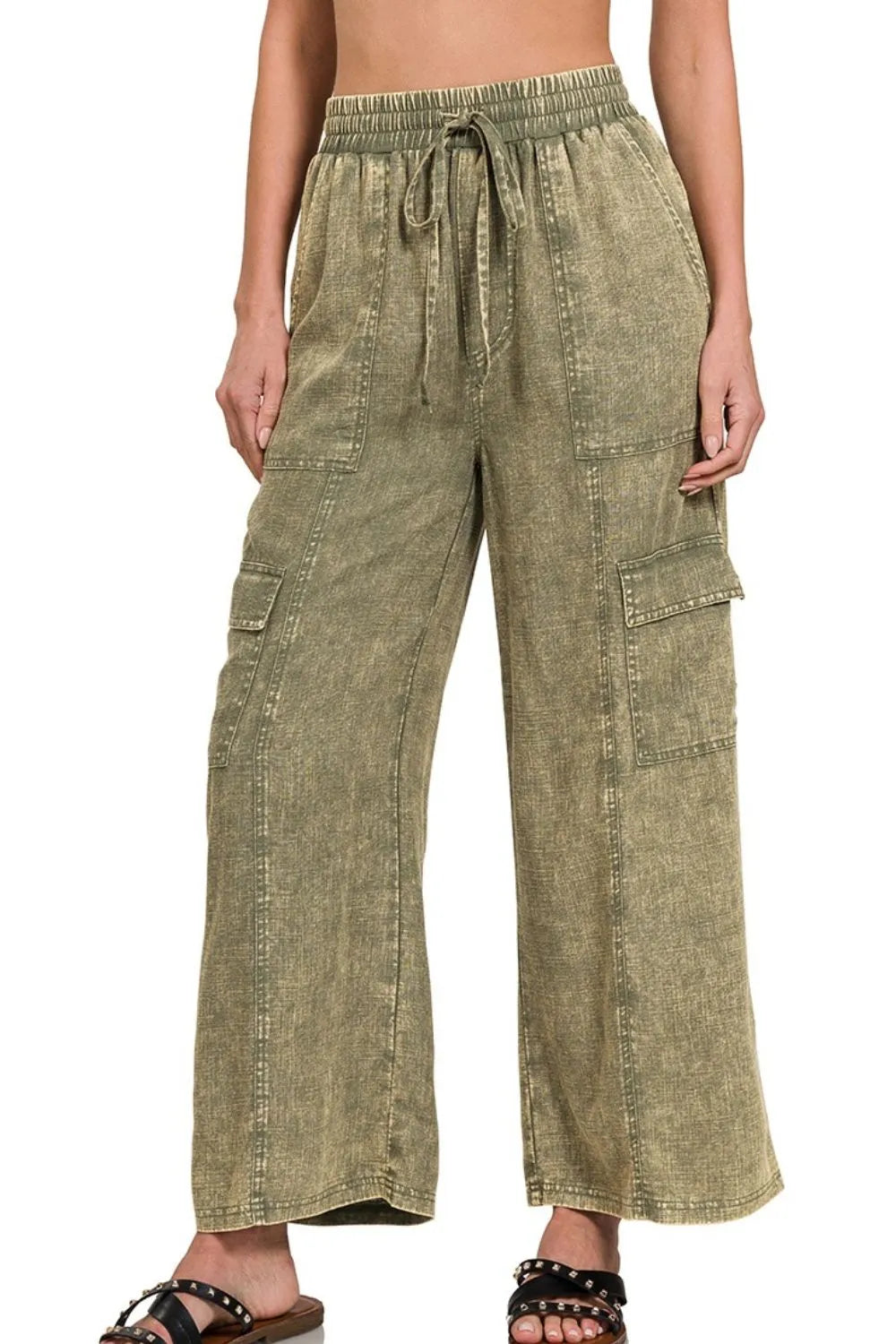Zenana Washed Linen Elastic Band Waist Cargo Pants LT OLIVE - Fashorio