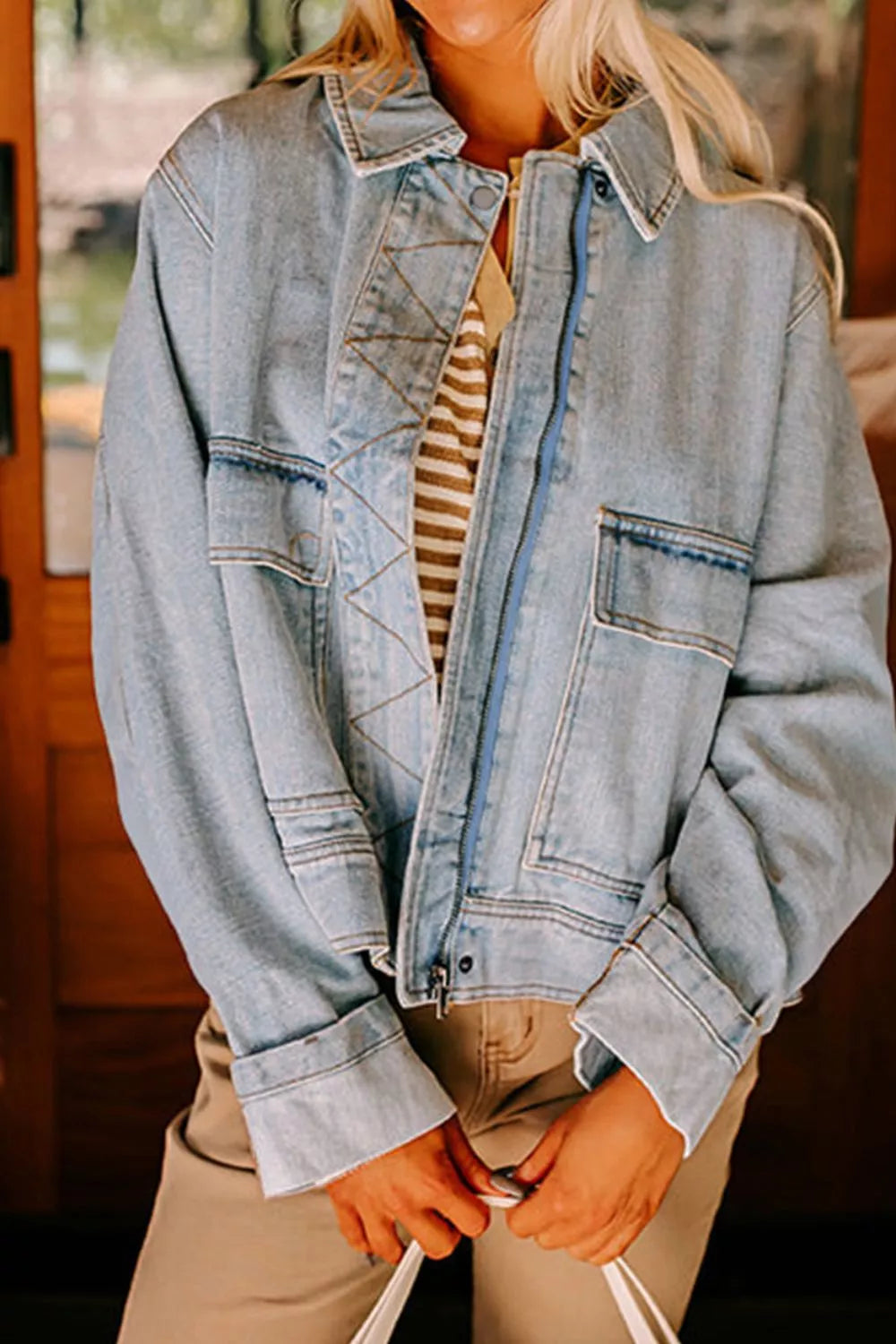 Zip Up Drop Shoulder Denim Jacket in Medium Wash