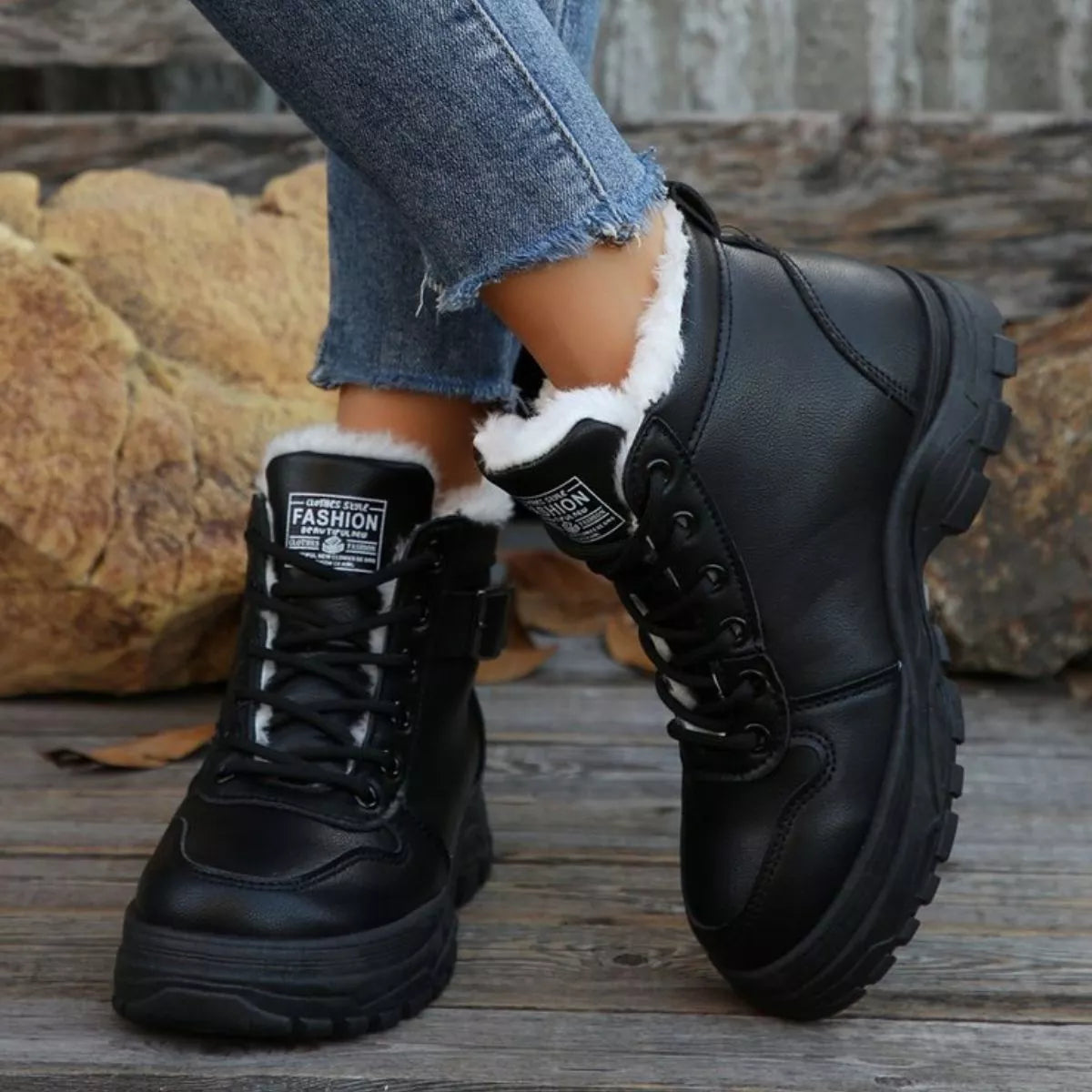 Warm lined buckle ankle boots styled with jeans