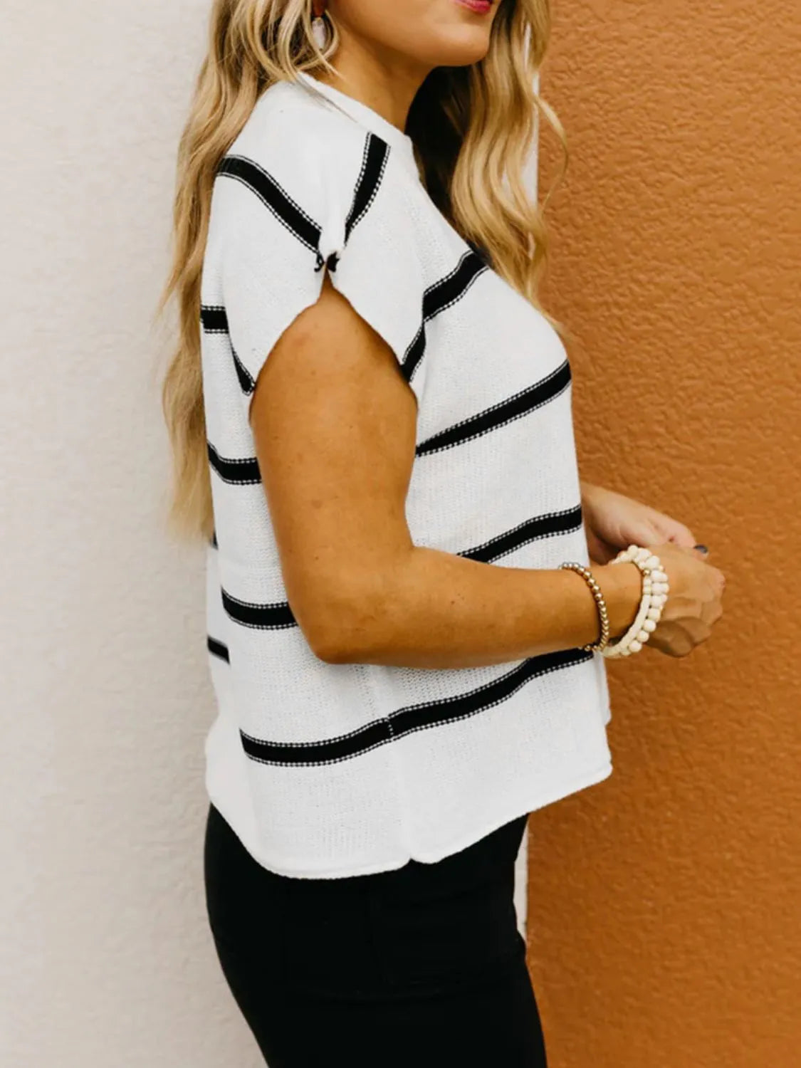 Striped Batwing Sleeve Knit Top - Fashorio