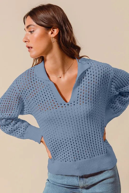 Open Knit Polo Sweater Top in Denim Blue