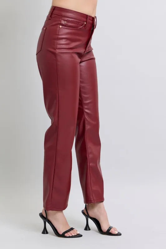 Judy Blue Full Size High Waist Tummy Control Faux Leather Straight Pants Plus Size - Fashorio