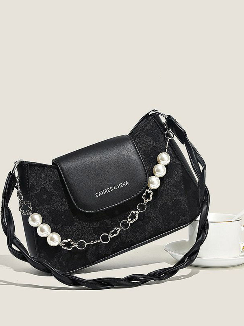 Black mini pearl chain shoulder bag front view