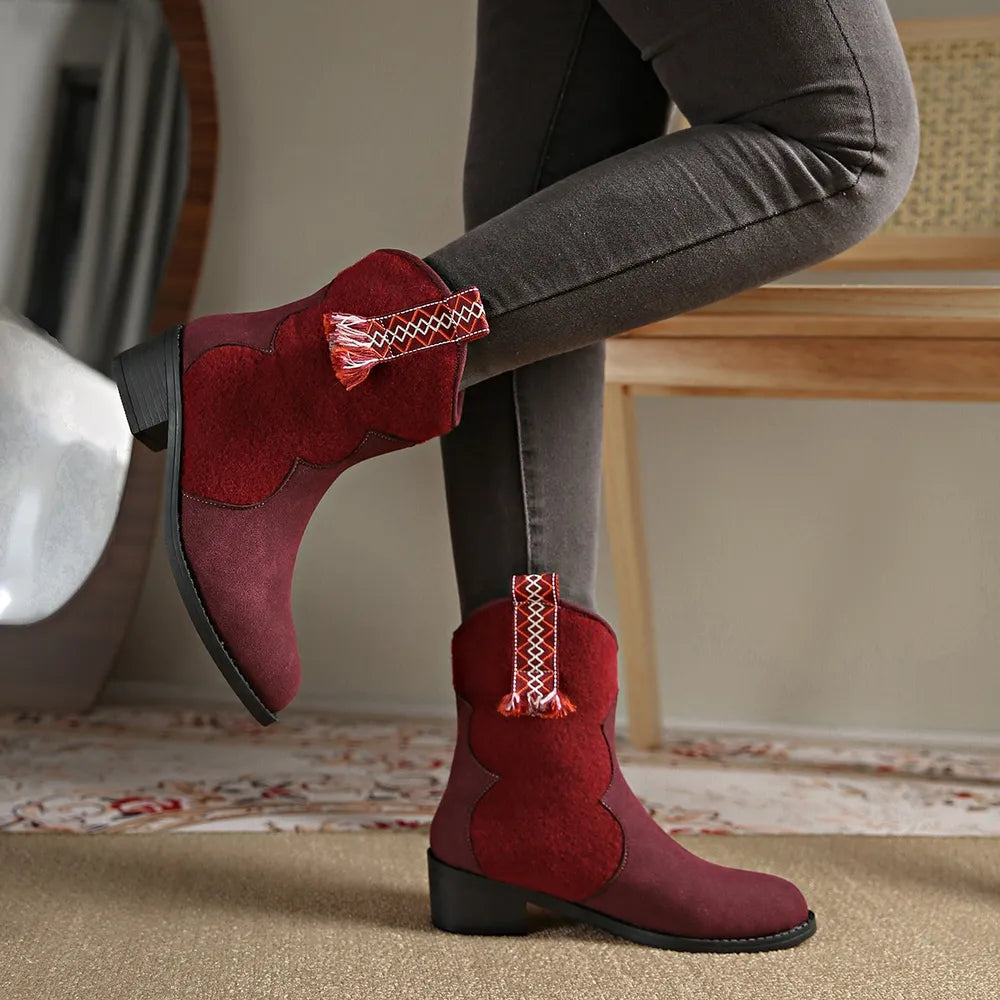 Suede Point Toe Block Heel Boots angled view