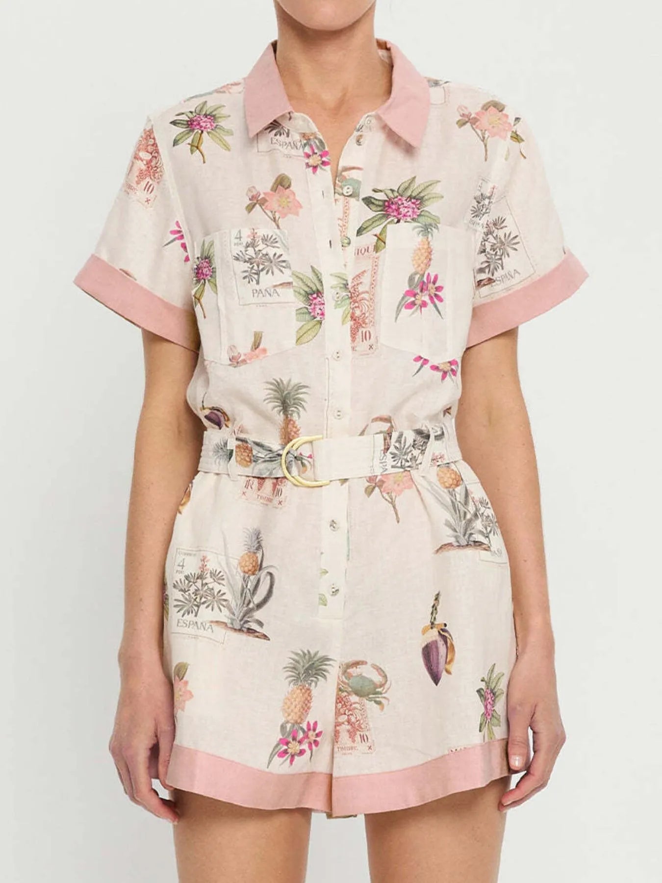 Printed Short Sleeve Romper with Belt - Fashorio