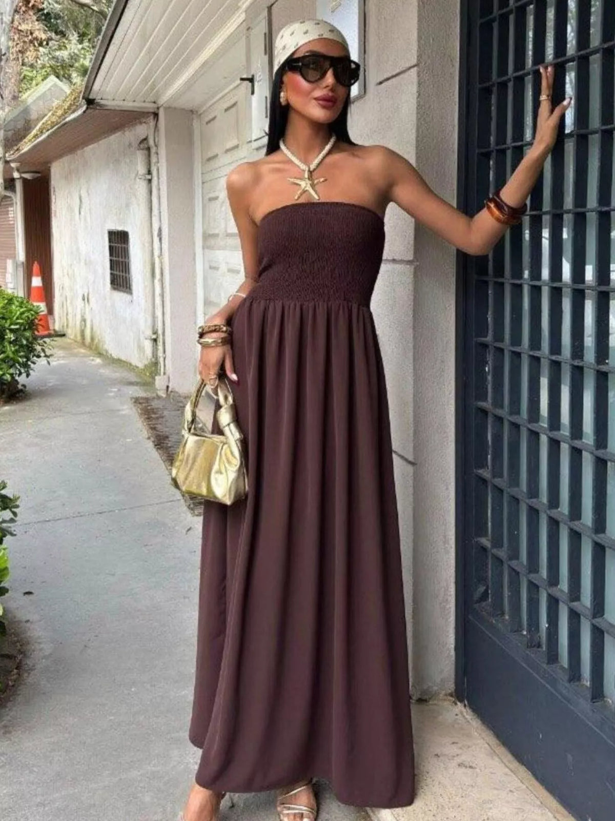 Strapless smocked maxi dress angled view