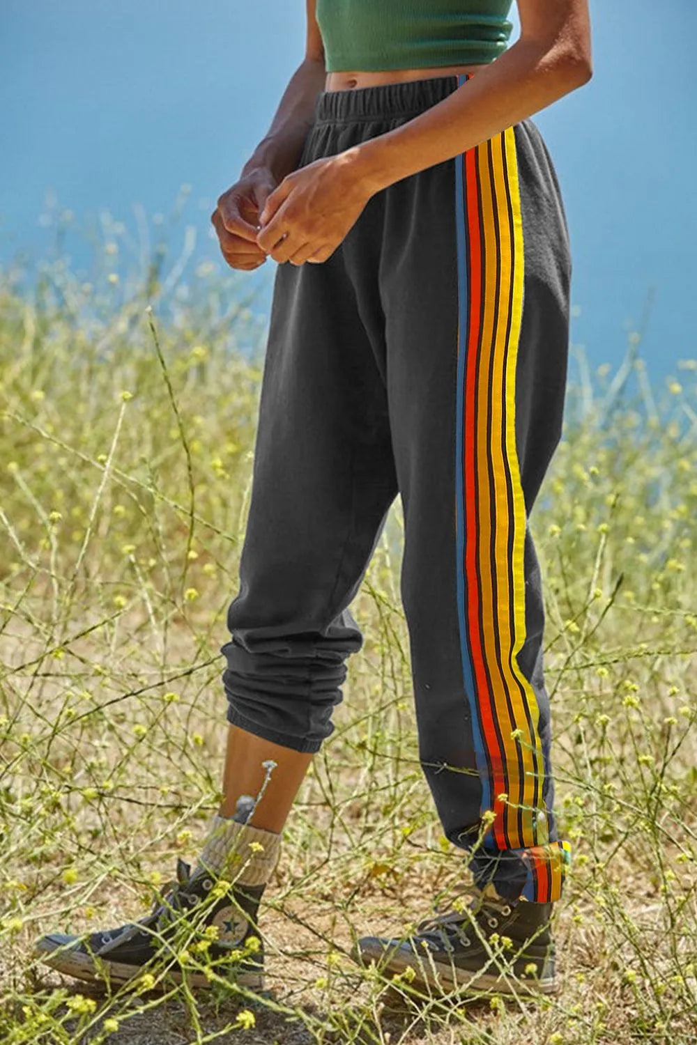 Contrast Striped Elastic Waist Active Pants - Fashorio