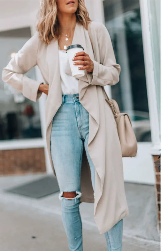 Open Front Long Sleeve Trench Coat Khaki - Fashorio