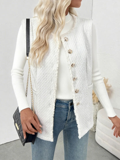 Textured Button-Front Vest with Raw Edge - Fashorio