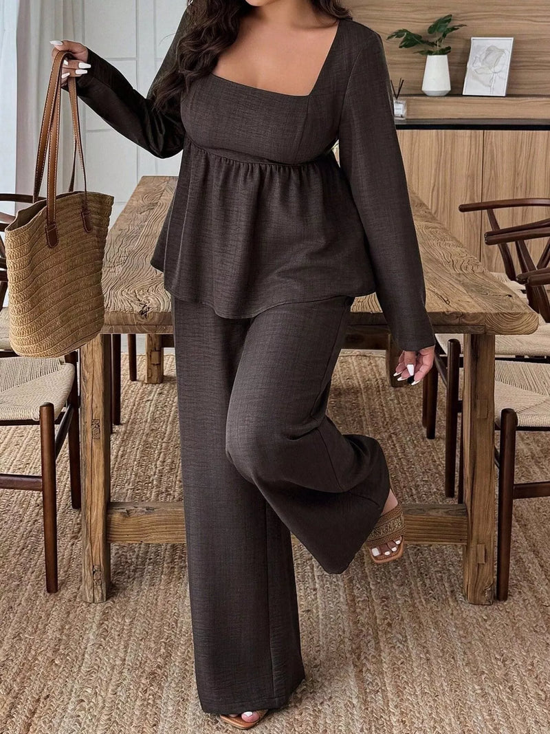 Square neck long sleeve top and pants matching set