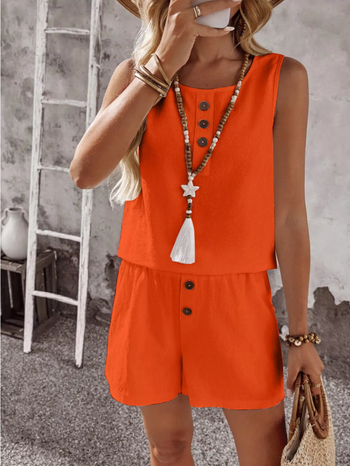 Decorative Button Round Neck Tank and Shorts Set, view 15