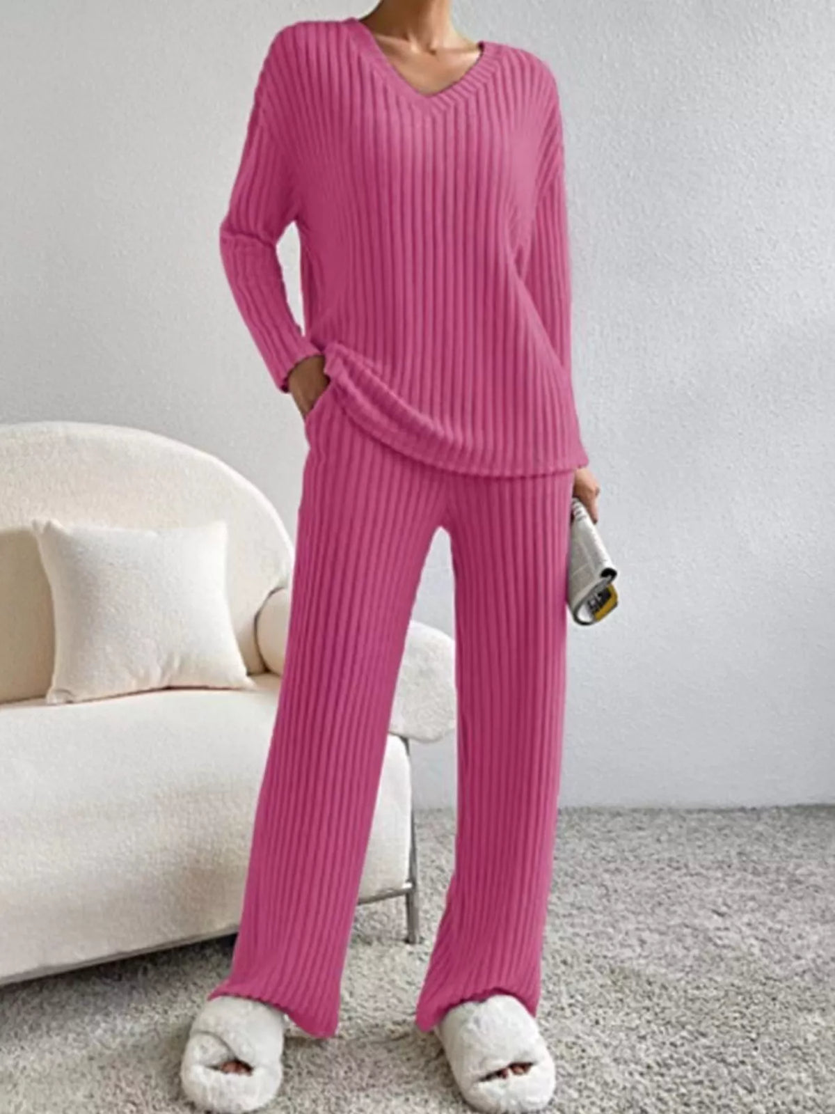 Ribbed Knit V Neck Top and Pants Set, view 23