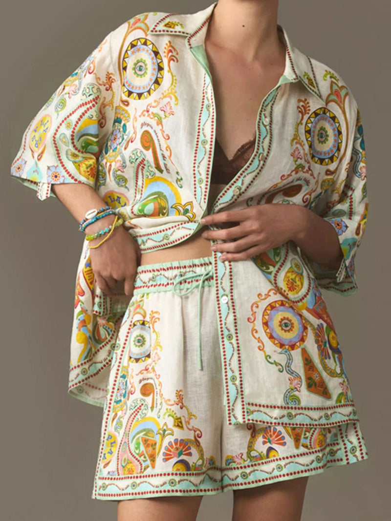 Printed button up shirt and shorts two piece set front view