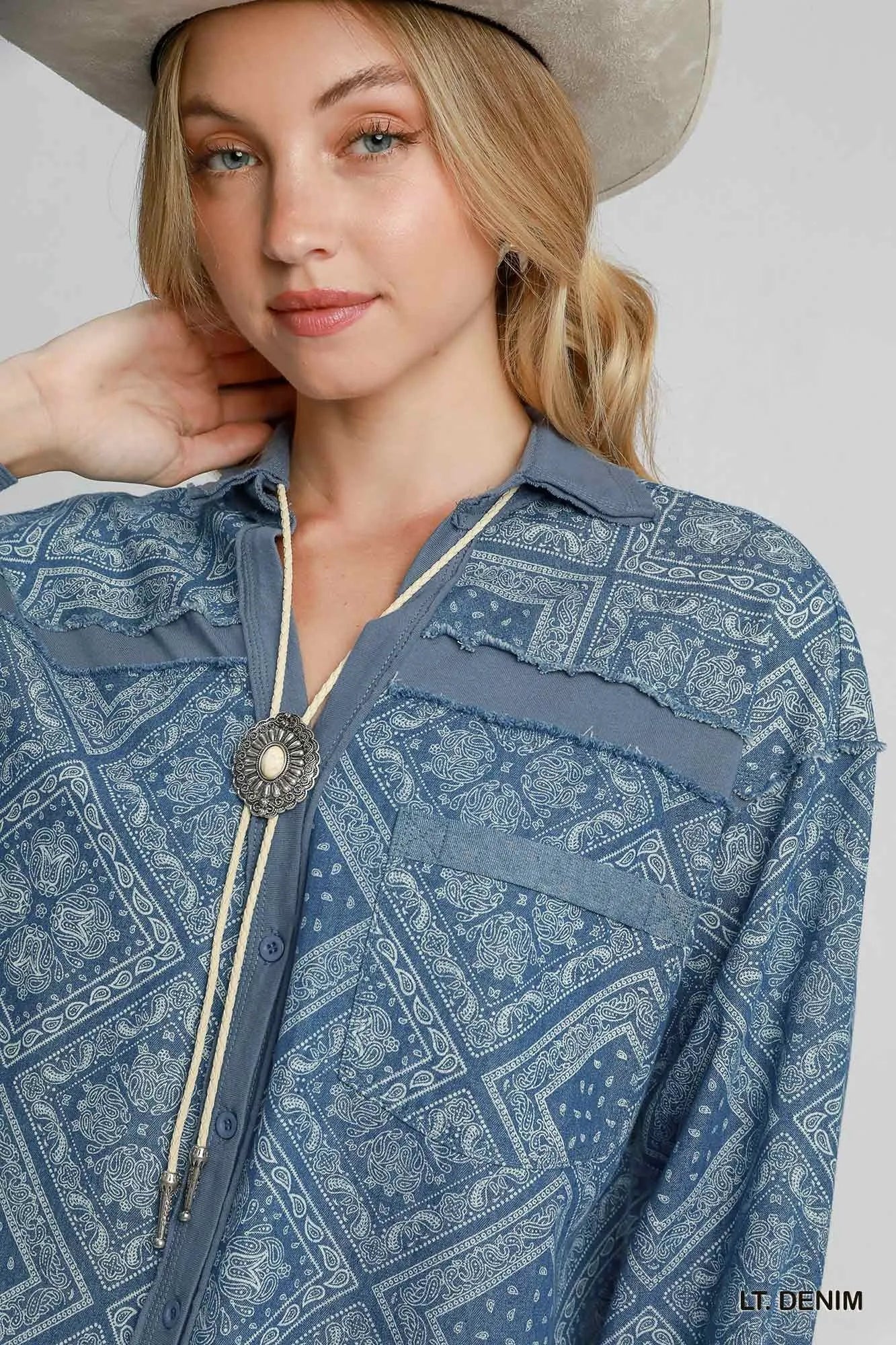 Umgee Paisley Print Denim Shirt Jacket - Fashorio