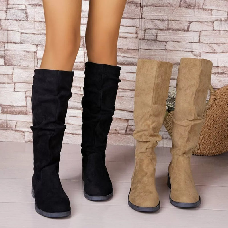 black round toe block heel boots front view
