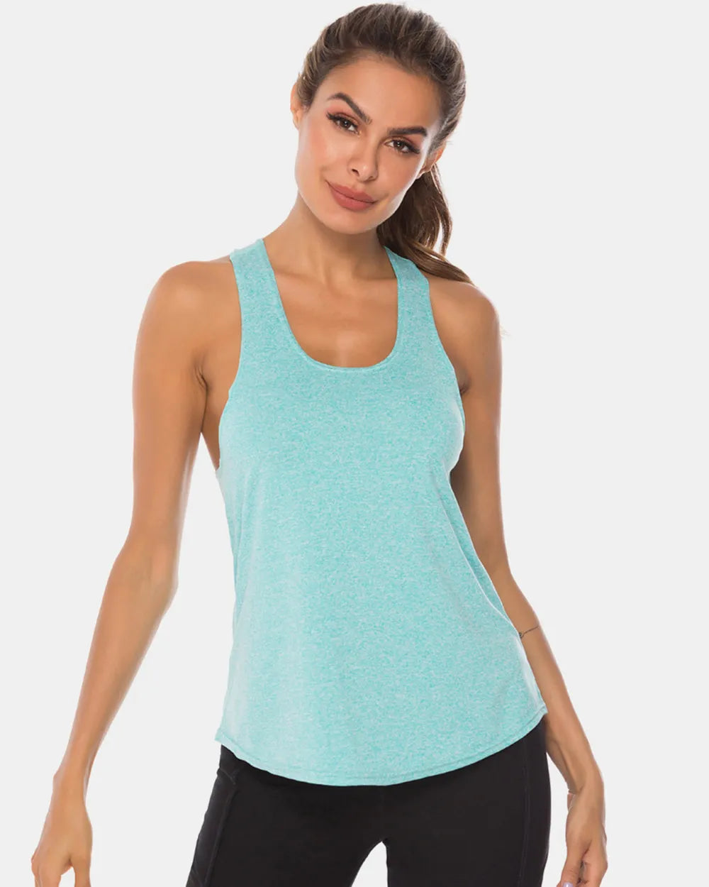 Full Size Scoop Neck Wide Strap Active Tank Aqua - Fashorio