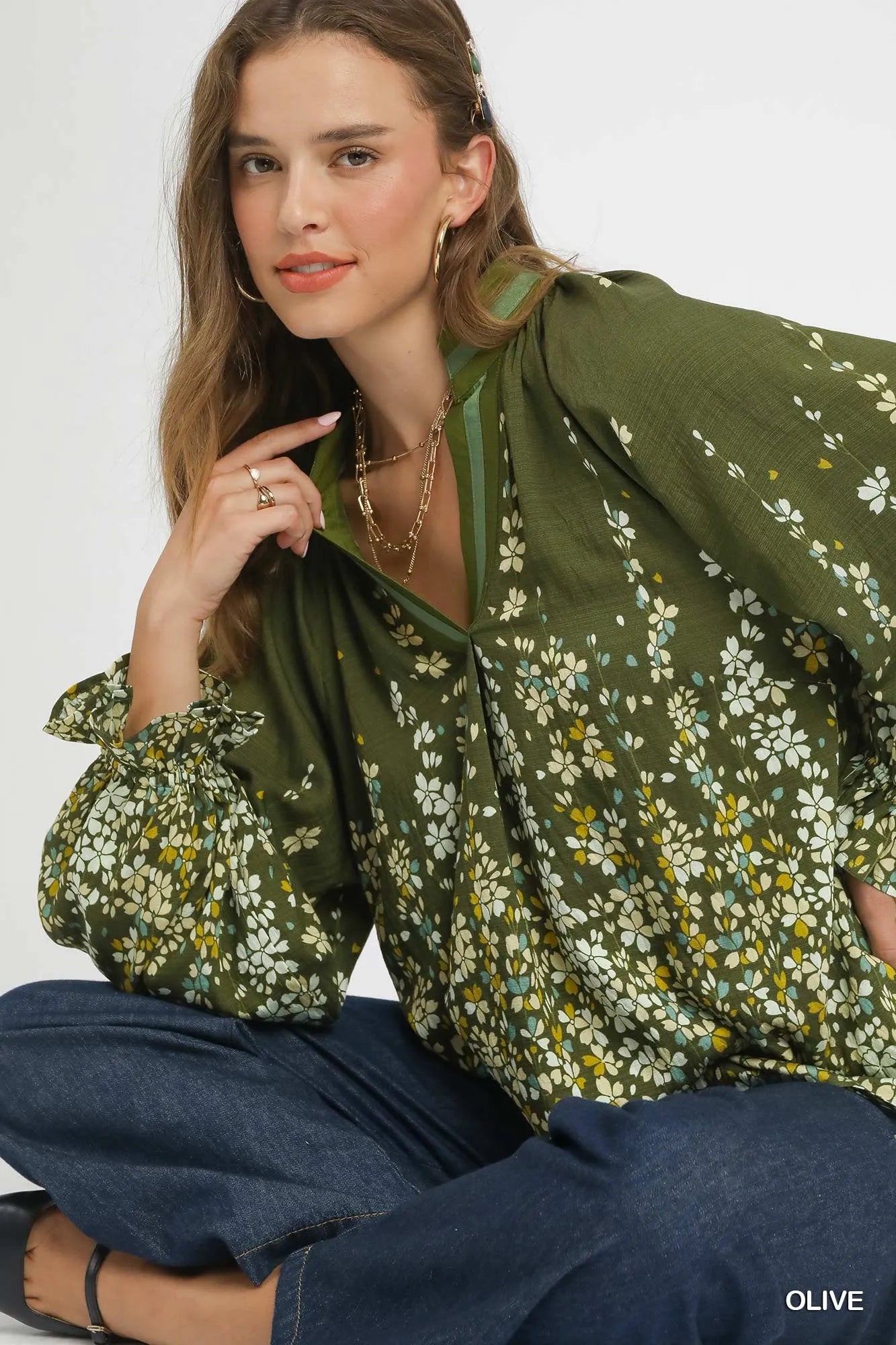 Umgee Floral Vine Print Blouse with Balloon Sleeves - Fashorio