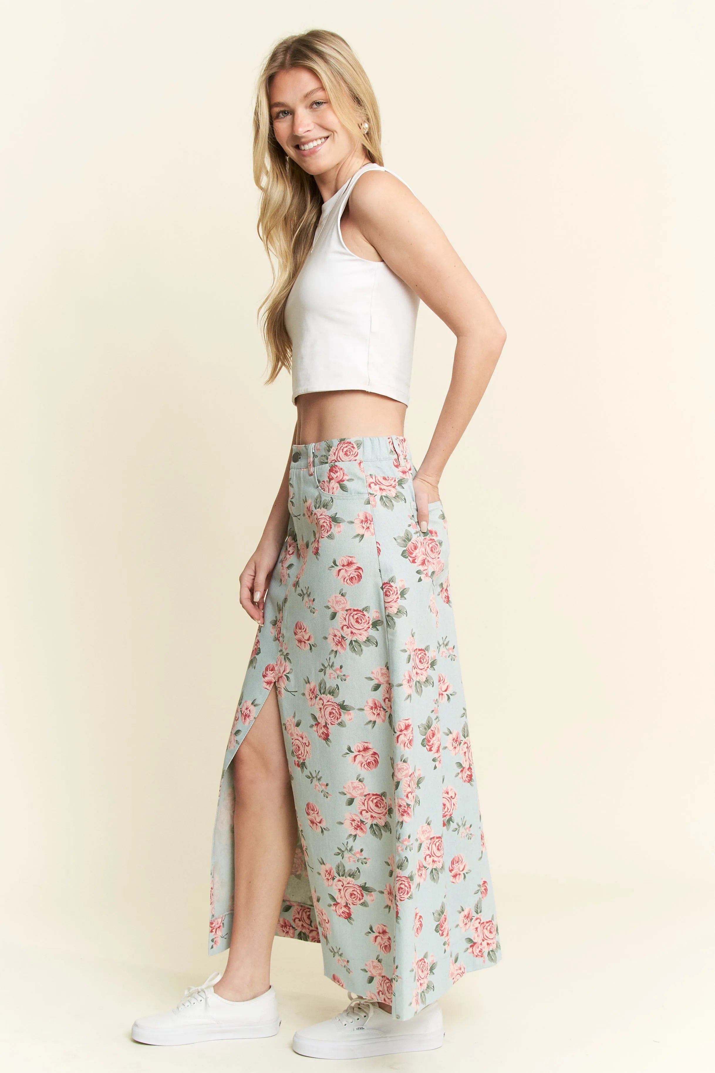 Jade By Jane Full Size Floral Print Front Slit Denim Maxi Skirt Plus Size - Fashorio