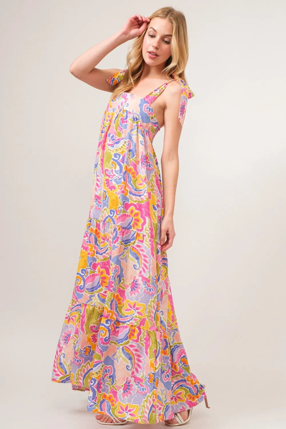 Printed tie shoulder tiered maxi dress front view