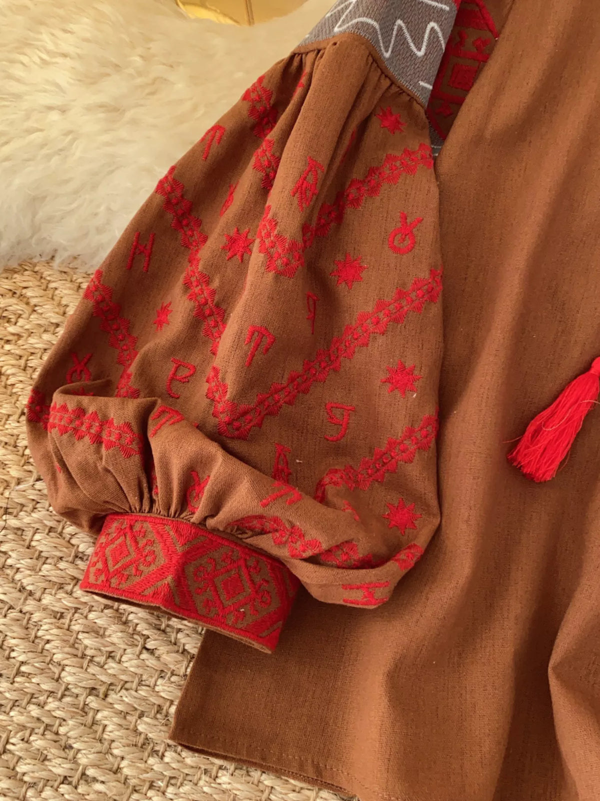 Embroidered tie neck blouse full length look