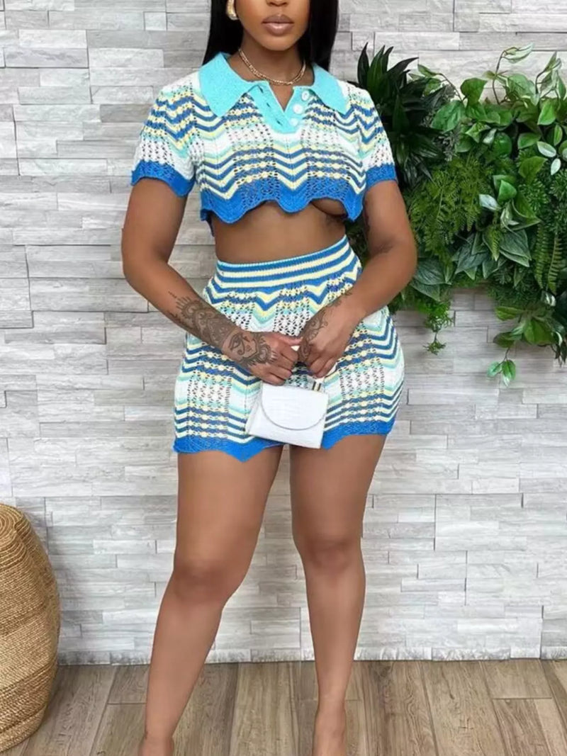 Chevron knit polo crop top and mini skirt matching set