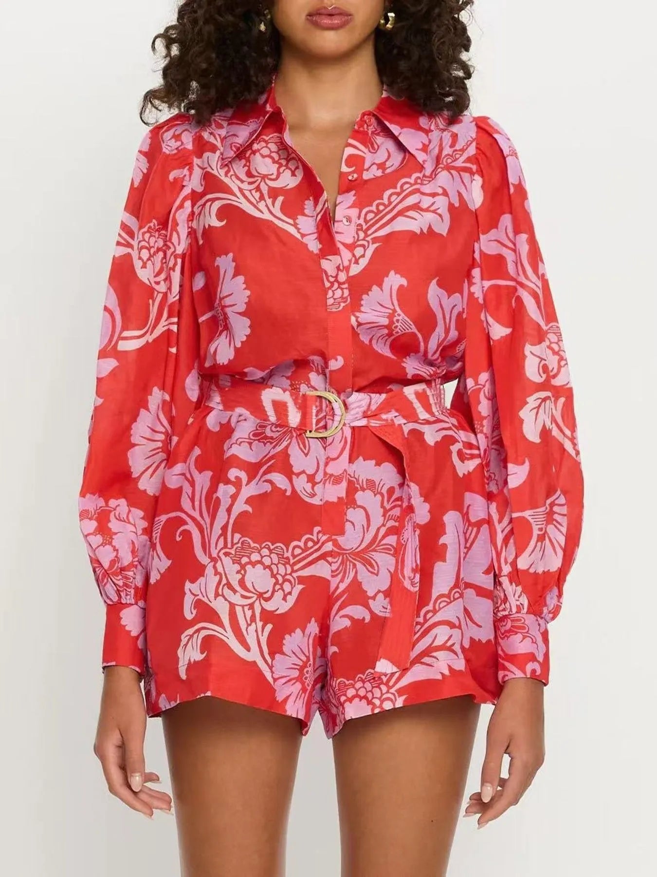 Printed Long Sleeve Belted Romper Red - Fashorio