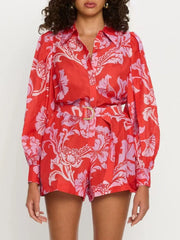 Printed Long Sleeve Belted Romper Red - Fashorio