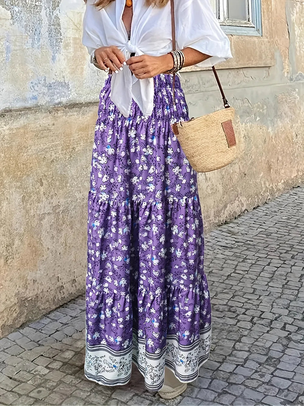 Side view of flowy tiered maxi skirt
