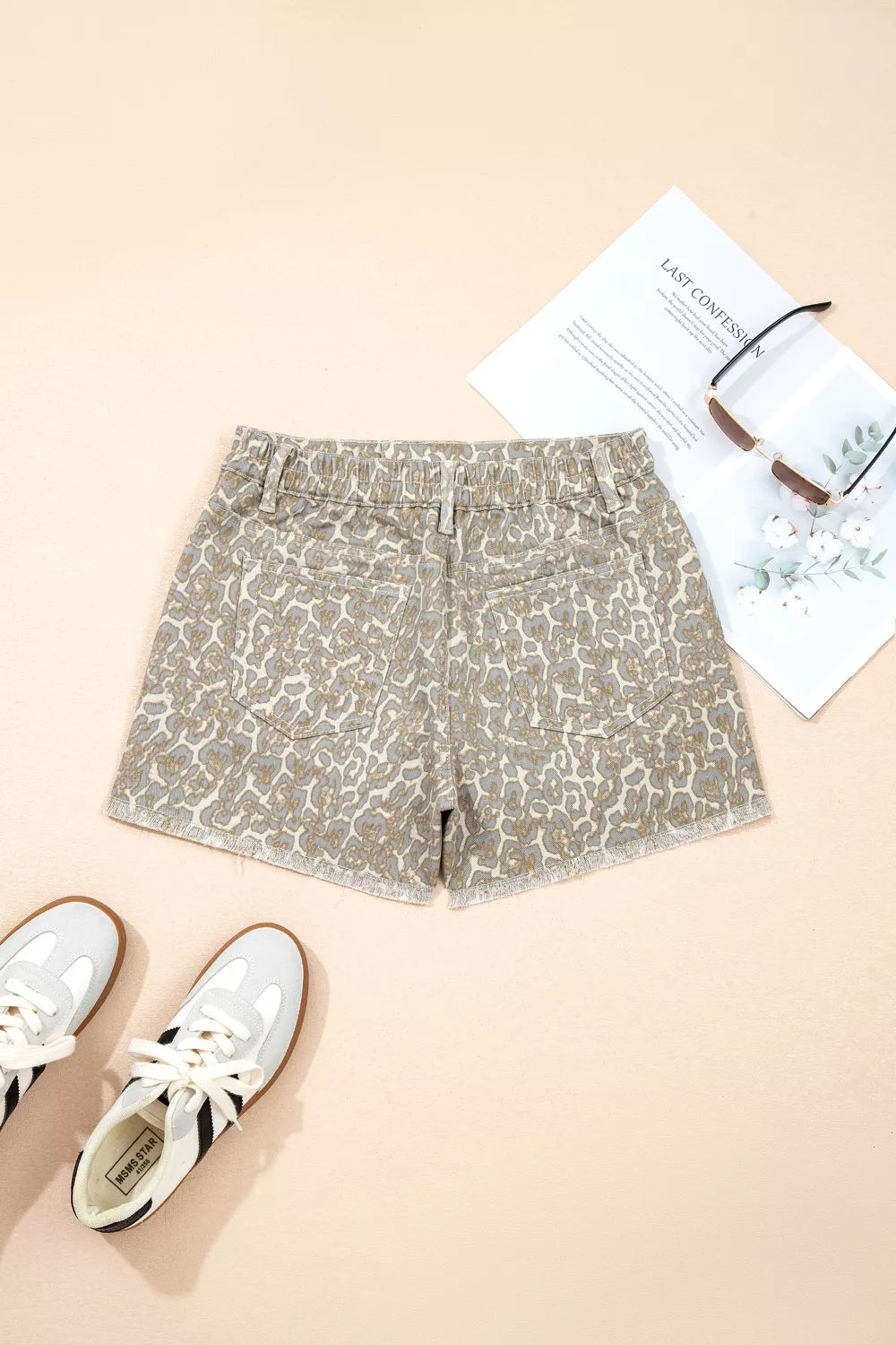 Khaki leopard print raw edge denim shorts full length view