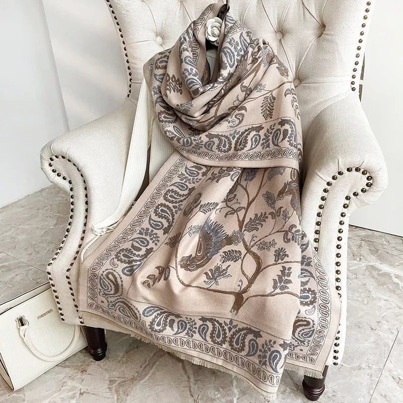 Printed raw hem scarf draped around the neck
