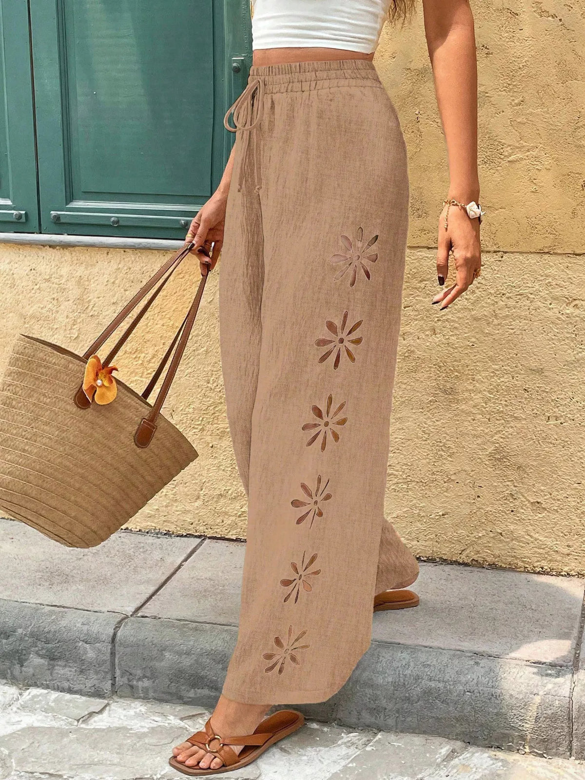 Apricot casual wide leg drawstring pants front view