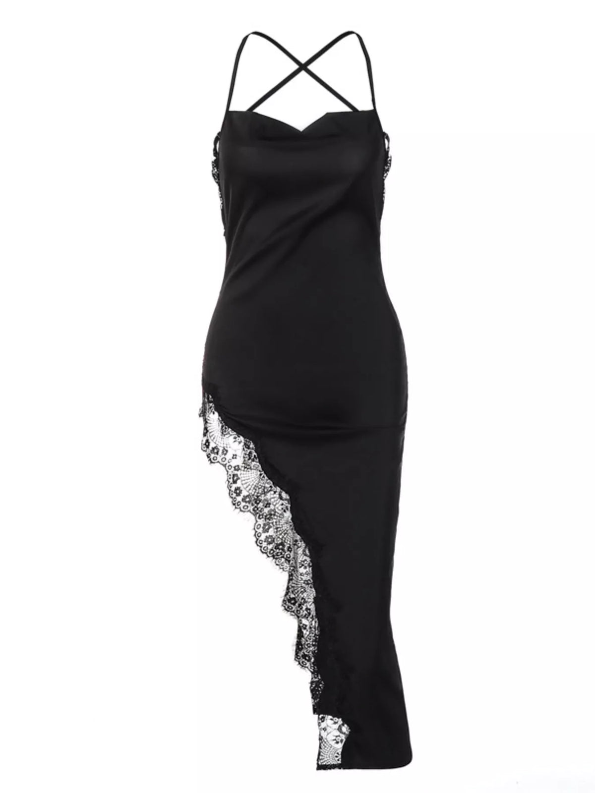 Side view of the black lace midi dress