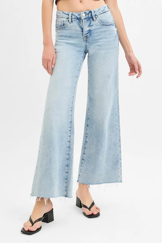 RISEN Full Size Tummy Control Low Rise Wide Leg Raw Cut Hem Jeans Plus Size LIGHT - Fashorio
