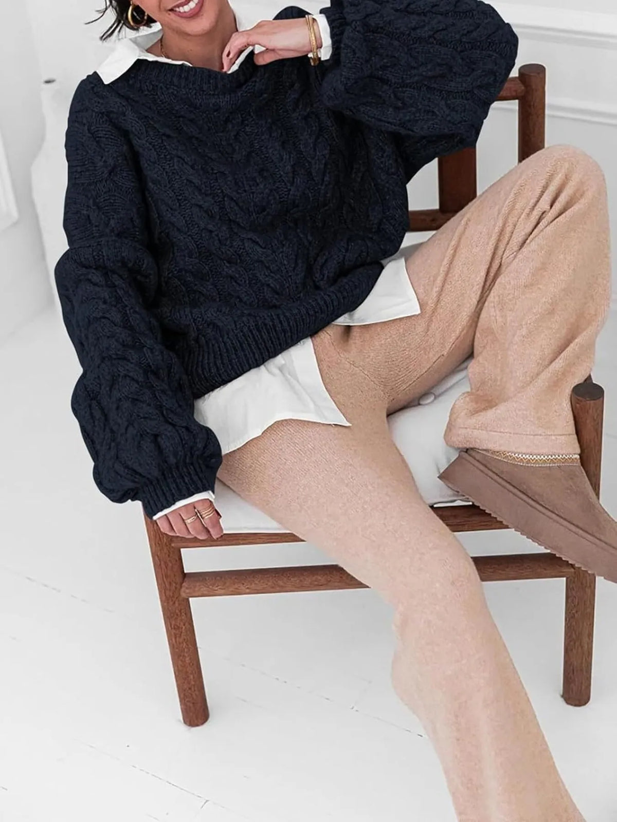 cable knit long sleeve sweater styled outfit view