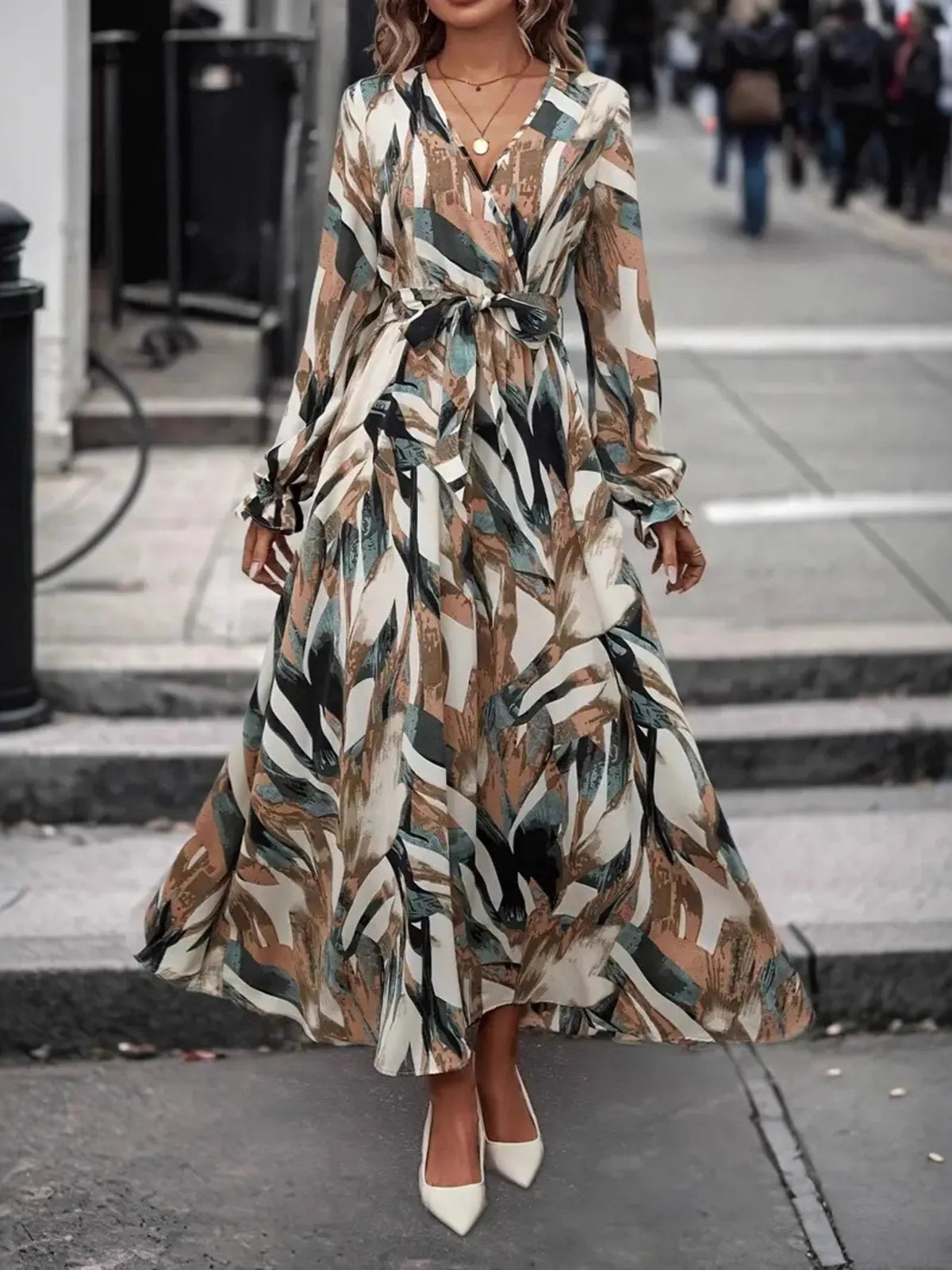 Printed surplice flounce sleeve maxi dress front view