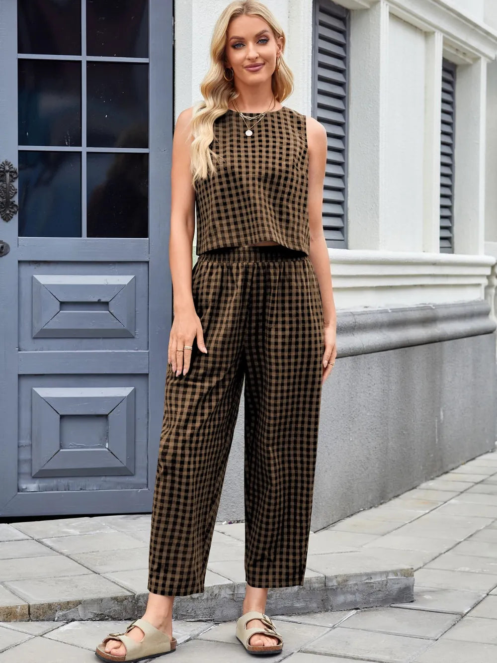 Plaid Sleeveless Top and Pants Set view 18