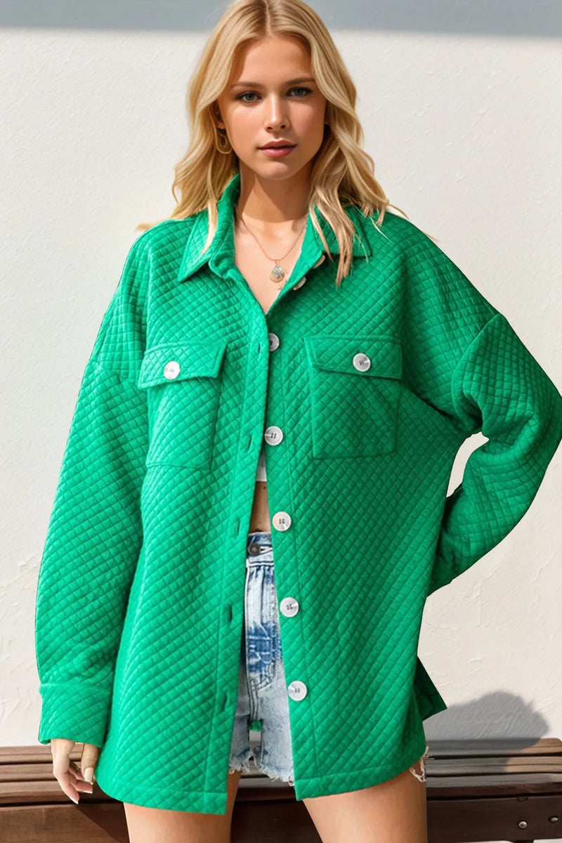 Textured button up drop shoulder shacket front view