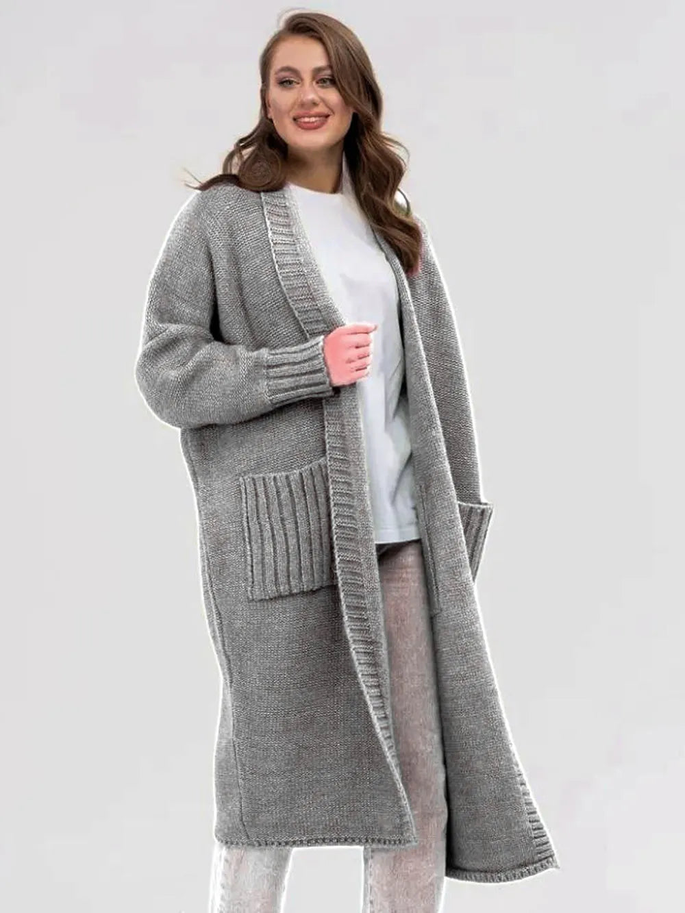 Pocketed Open Front Long Sleeve Longline Cardigan - Fashorio