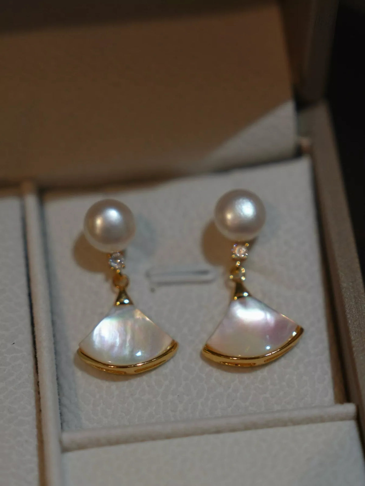 Gold freshwater pearl fan shaped drop earrings