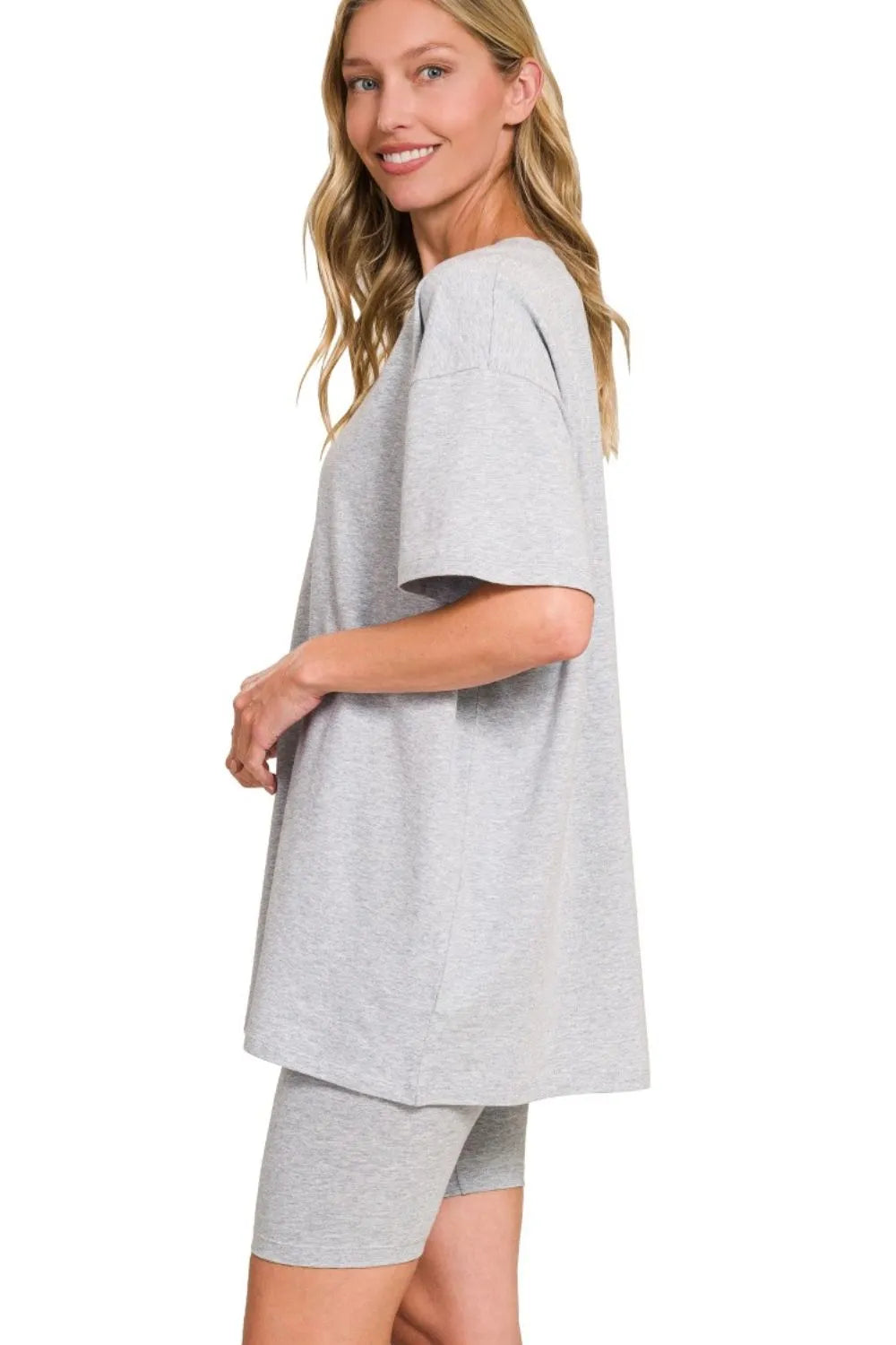 Zenana Cotton Round Neck Top & Biker Shorts - Fashorio
